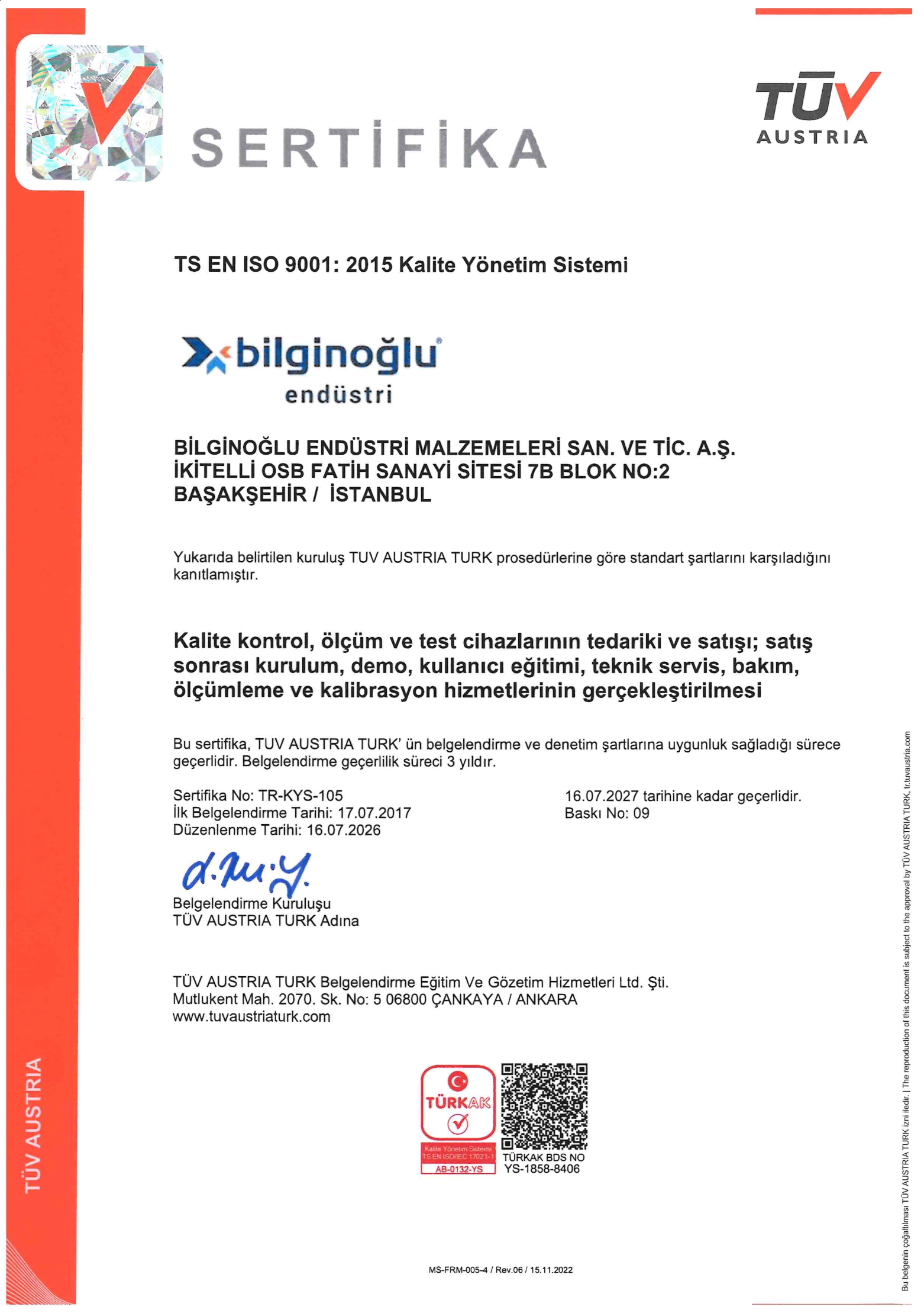 ONAYLI SERTİFİKALAR BİLGİNOĞLU