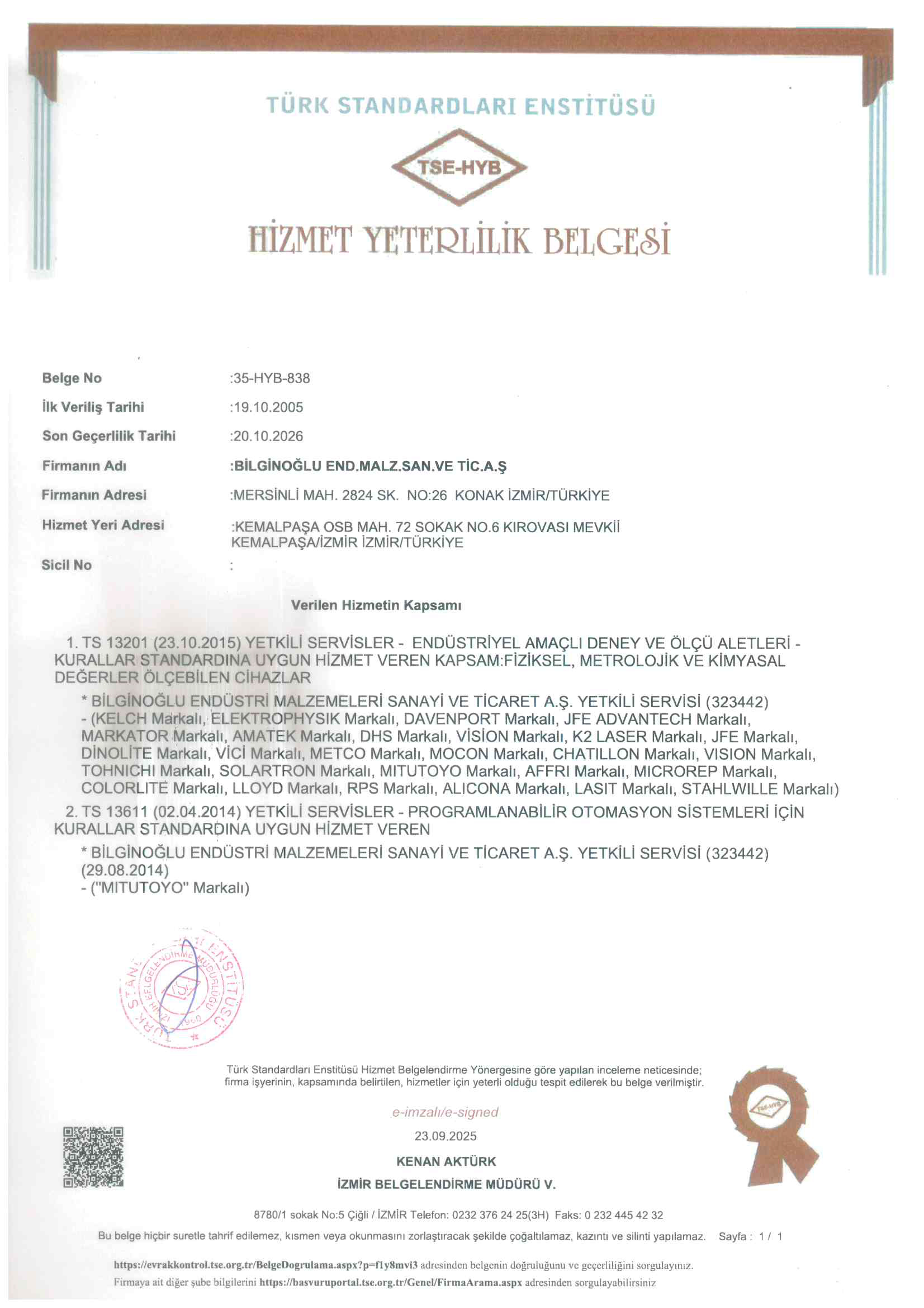 BİLGİNOĞLU ENDÜSTRİ TSE SERVICE QUALIFICATION CERTIFICATE