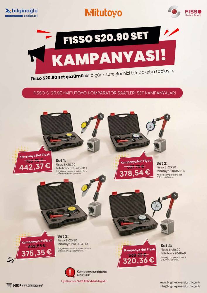 Tek Pakette Maksimum Hassasiyet: Fisso S20.90 Manyetik Stant & Mitutoyo Komparatör Saatleri ile Ölçümde Yeni Standart!